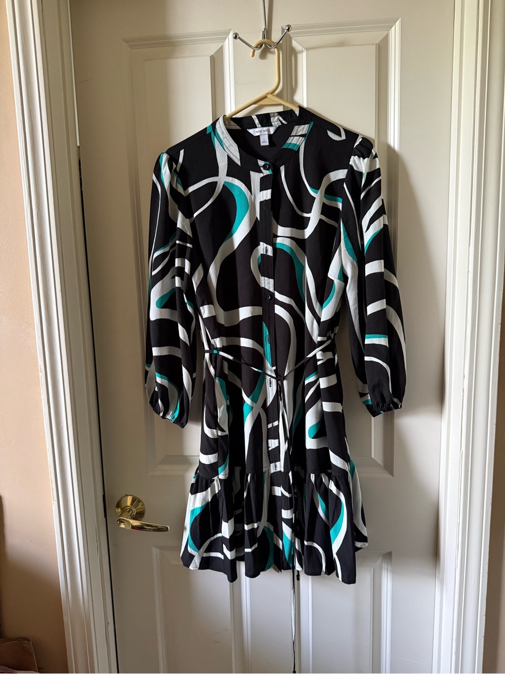 Nine West Black Mini Dress with Teal and White Swirl Print